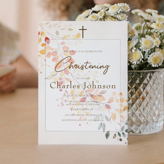 Modern Boho Watercolor Autumn Leaves Boy Baptism Invitation (Creator Uploaded)