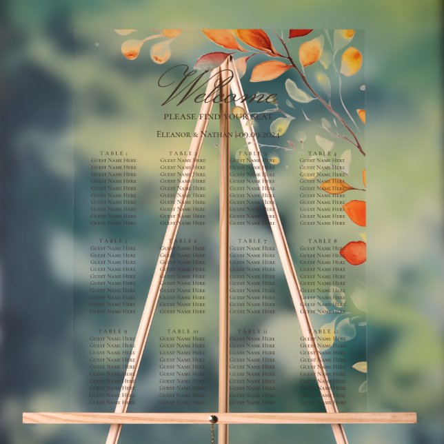 Modern Boho Watercolor Autumn Leaves Seating Chart (Neutral)