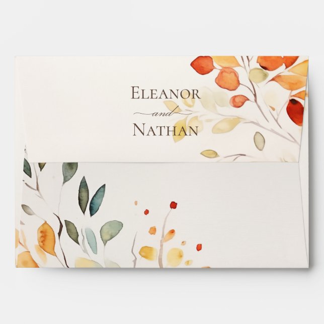 Modern Boho Watercolor Autumn Leaves Wedding Envelope (Back (Top Flap))