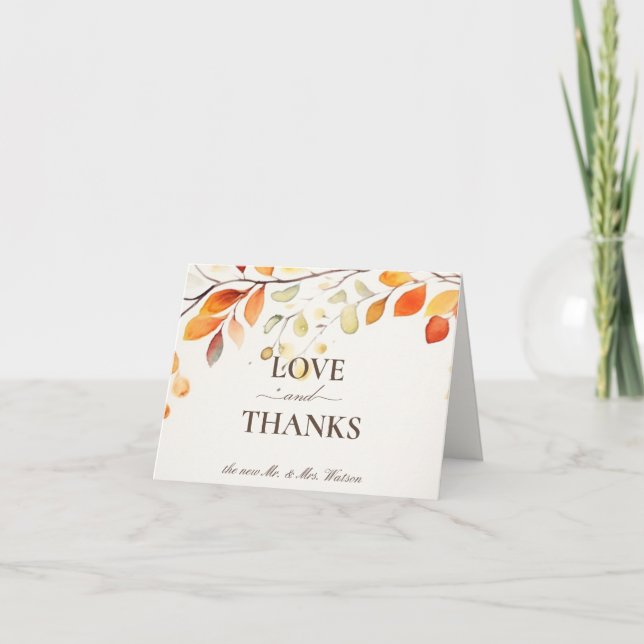 Modern Boho Watercolor Autumn Leaves Wedding Thank You Card (Front)