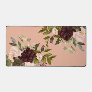 Modern Boho Watercolor Blush & Burgundy Floral Desk Mat