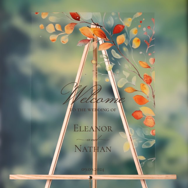 Modern Boho Watercolor Fall Autumn Leaves Welcome Acrylic Sign (Neutral)