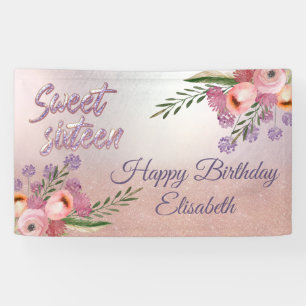 Modern boho watercolor floral sweet 16 party banner