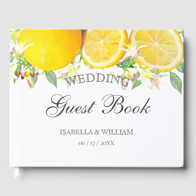 Modern Boho Watercolor Lemon Summer Wedding Guest Book (Front)