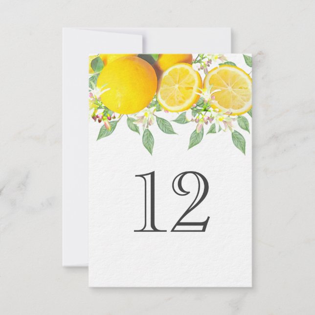 Modern Boho Watercolor Lemon Wedding Table Number (Front)