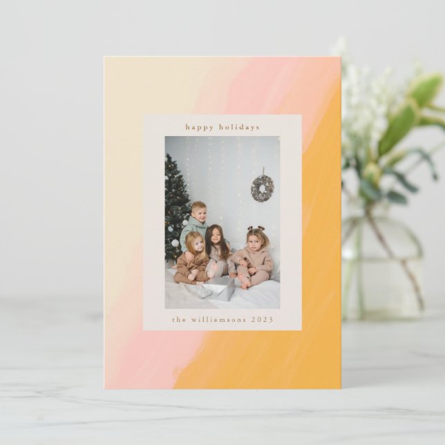 Modern Boho Watercolor Pink Yellow Photo Holiday Card (Standing Front)