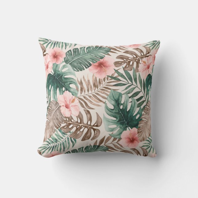 Modern Boho Watercolor Tropical Botanical Cushion (Front)