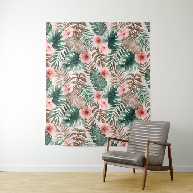 Modern Boho Watercolor Tropical Floral  Tapestry (In Situ)