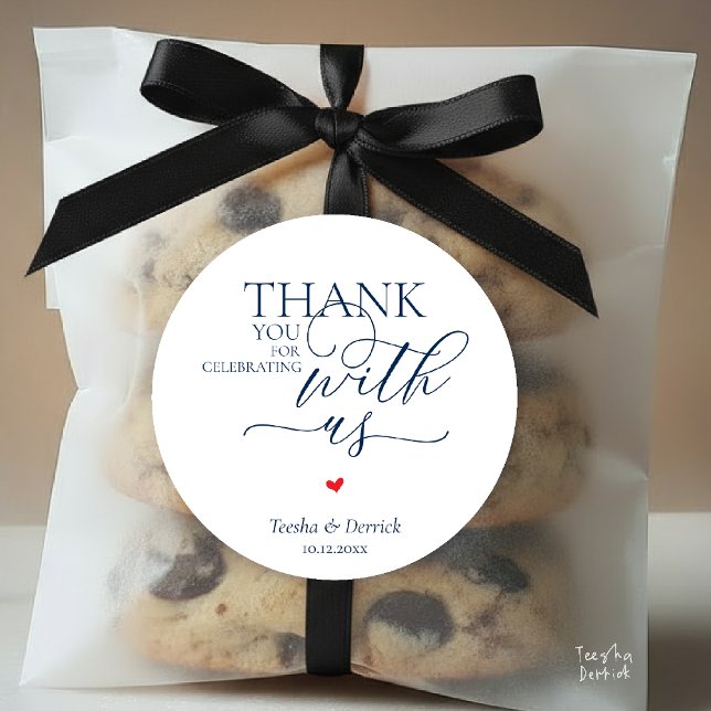 Modern Boho Wedding Cute Heart Thank You Gifts  Classic Round Sticker (Modern Boho Wedding Cute Red Heart Huge Love Thank You Gifts Classic Round Sticker in Navy Blue)