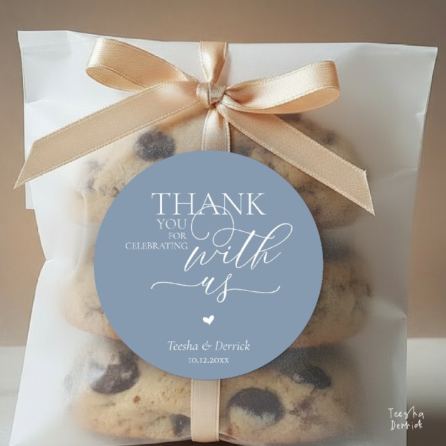 Modern Boho Wedding Cute Heart Thank You Gifts  Classic Round Sticker (Modern Boho Wedding little Cute Heart Huge Love Thank You Gifts Classic Round Sticker in Dusty Blue)