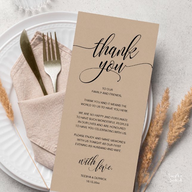 Modern Boho Wedding Reception Thank You Card (Modern Rustic Wedding Reception Dinner Lunch Brunch Thank You Card Brown Kraft )