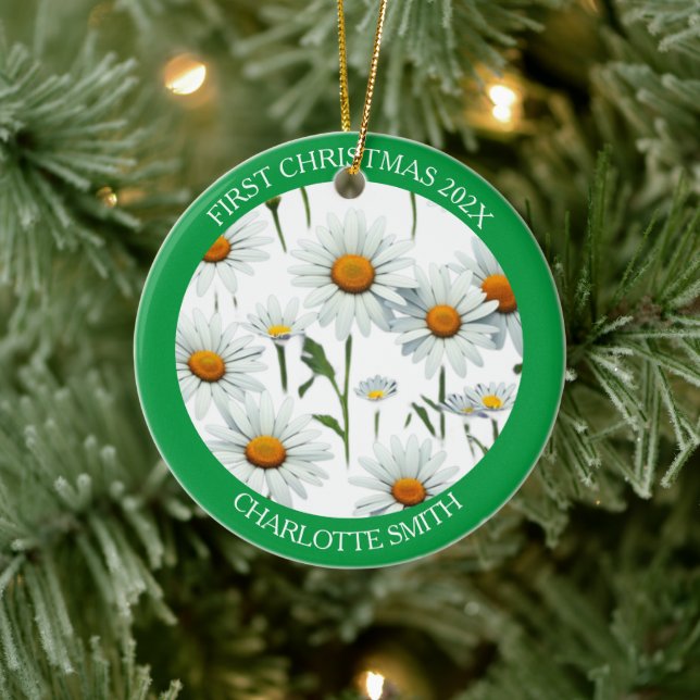 Modern Boho White Daisy Floral First Christmas Ceramic Tree Decoration (Tree)