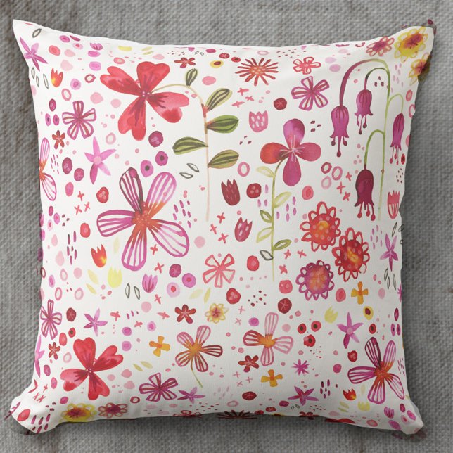 Modern Boho Wild Flower Watercolor Throw Pillow (Watercolor boho floral painting art pillow)
