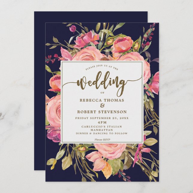 modern boho wild flower wedding invitation navy (Front/Back)