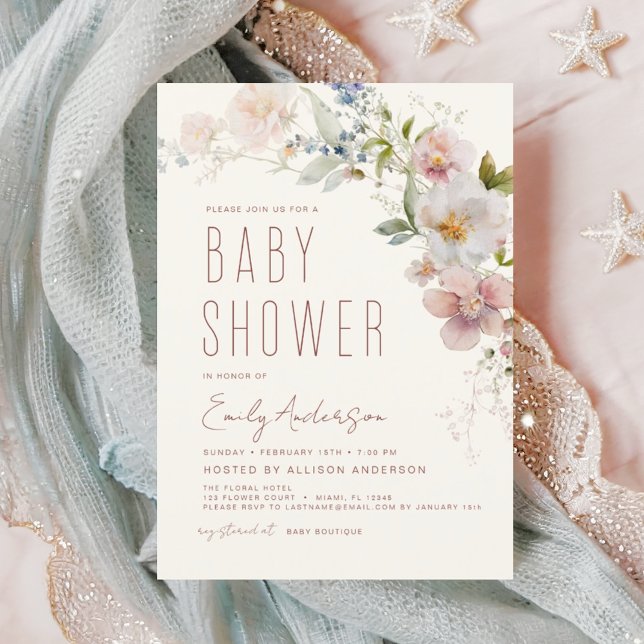 Modern Boho Wildflower Baby Shower Elegant Invitation (Creator Uploaded)