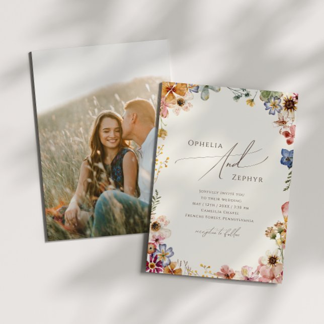 Modern Boho Wildflower Beige Photo Casual Wedding Invitation (Creator Uploaded)