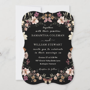 Modern Boho Wildflower Elegant Black Wedding Invitation