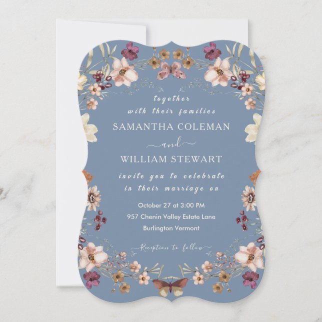 Modern Boho Wildflower Elegant Periwinkle Wedding Invitation (Front)
