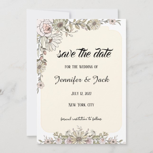 Modern Boho Wildflower Line Art Earthy  Save The Date (Front)