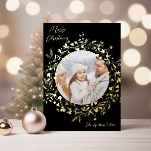 Modern Boho Wildflower Merry Christmas Photo Gold