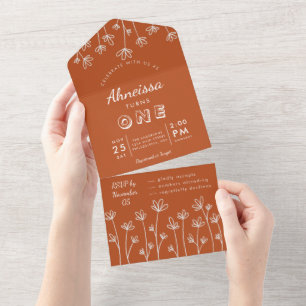 Modern Boho Wildflower Terracotta First Birthday All In One Invitation