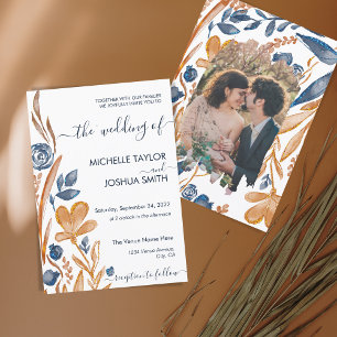 Modern Boho Wildflower Terracotta Navy Blue Invitation