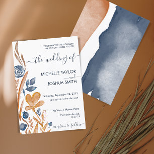 Modern Boho Wildflower Terracotta Navy Blue Invitation
