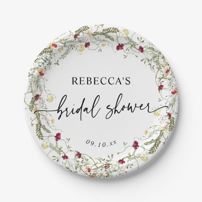 Modern Boho Wildflowers Bridal Shower Paper Plate (Front)