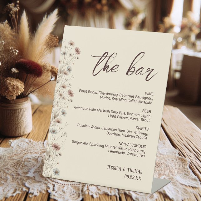 Modern Boho Wildflowers Wedding Bar & Drinks Menu Pedestal Sign (Creator Uploaded)