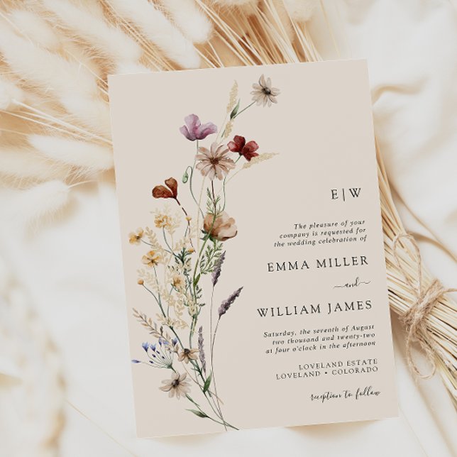 Modern Boho Wildflowers Wedding Invitation (Elegant Boho Wildflowers Wedding Invitations by Painted Paperie
)