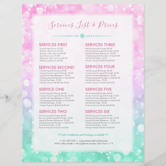 Modern Bokeh Glitter Services Price List Flyer (Front)