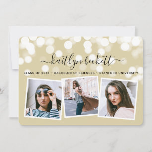 Modern Bokeh Lights 3 Photo Graduation Announcement
