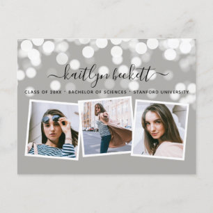Modern Bokeh Lights 3 Photo Graduation Announcement Postcard