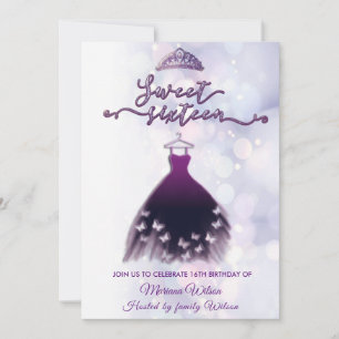 Modern bokeh purple butterfly dress tiara sweet 16 invitation