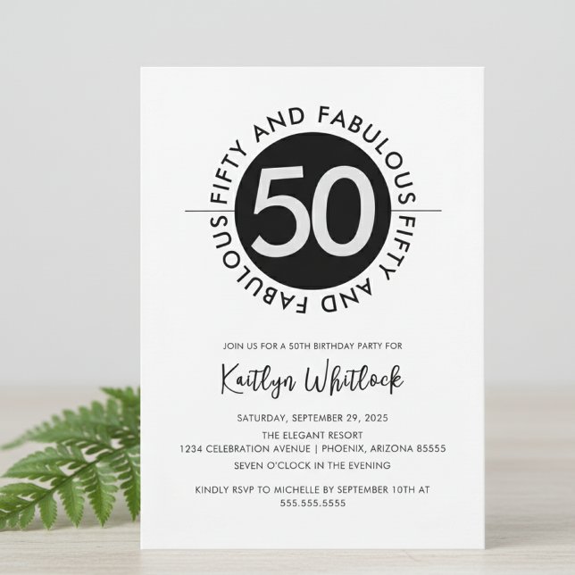Modern Bold 50 and Fabulous 50th Birthday Invitation (elegant bold black and white fifty and fabulous 50th birthday party invitation for bold women)