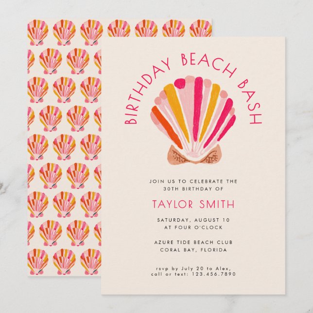 Modern Bold Beach Summer Shell Pink Birthday Party Invitation (Front/Back)