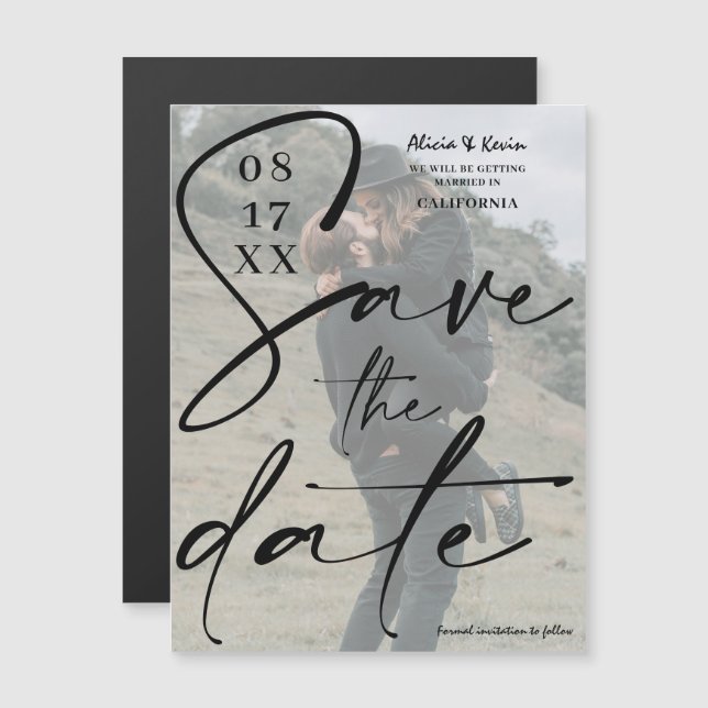 Modern bold black script save the date photo (Front/Back)