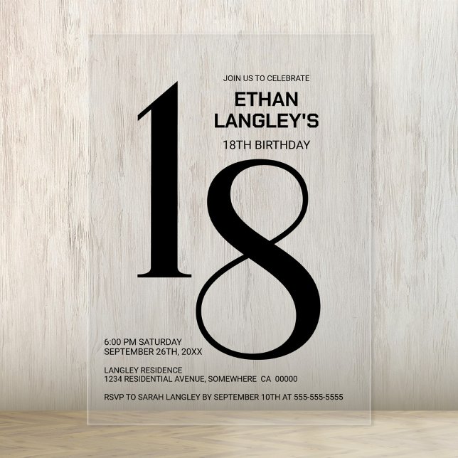 Modern Bold Black Text 18th Birthday Party Acrylic Invitations (Creator Uploaded)