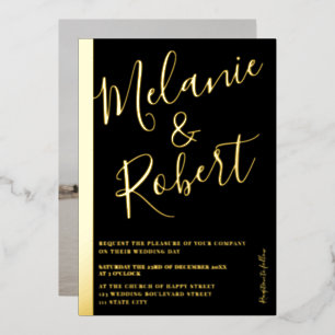 Modern bold black wedding photo gold stripe