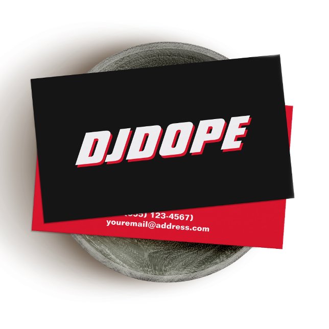 Modern BOLD Black White and Red Typography DJ Business Card (Creator Uploaded)
