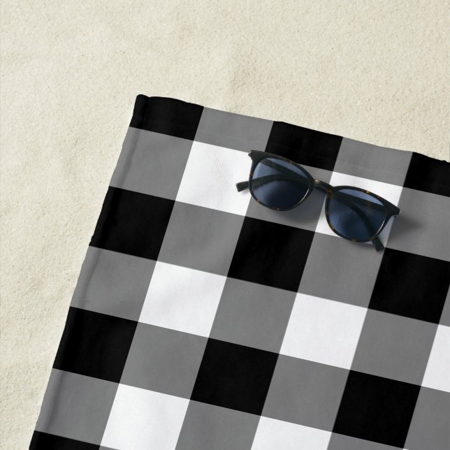 Modern Bold Black White Gingham Pattern Beach Towel (In Situ)