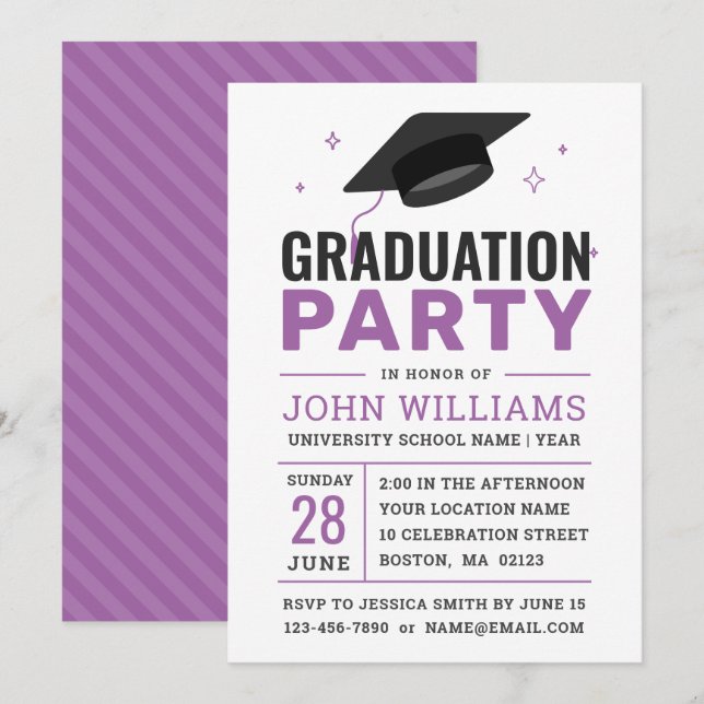 Modern Bold Black White Purple Graduation Party Invitation (Front/Back)