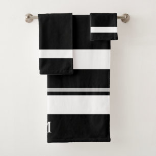Modern Bold Black White Stripe Monogram Bath Towel Set