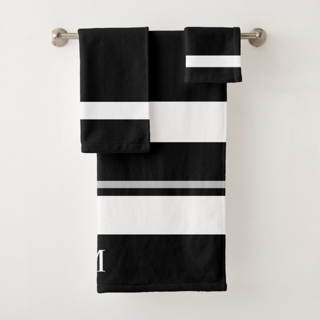 Modern Bold Black White Stripe Monogram Bath Towel Set (Insitu)