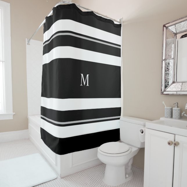 Modern Bold Black White Stripe Monogram Shower Curtain (In Situ)