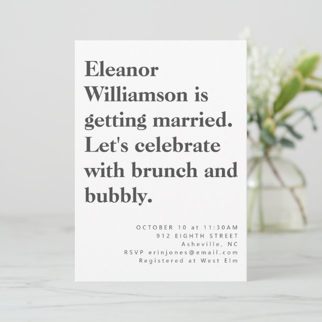 Modern Bold Black White Typography Bridal Brunch   Invitation (Standing Front)