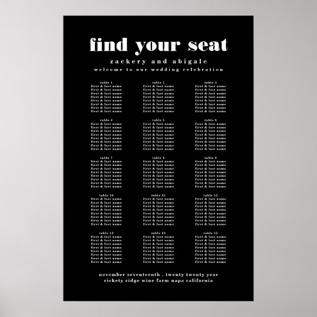 Modern Bold Black White Wedding Seating Chart Sign (Front)