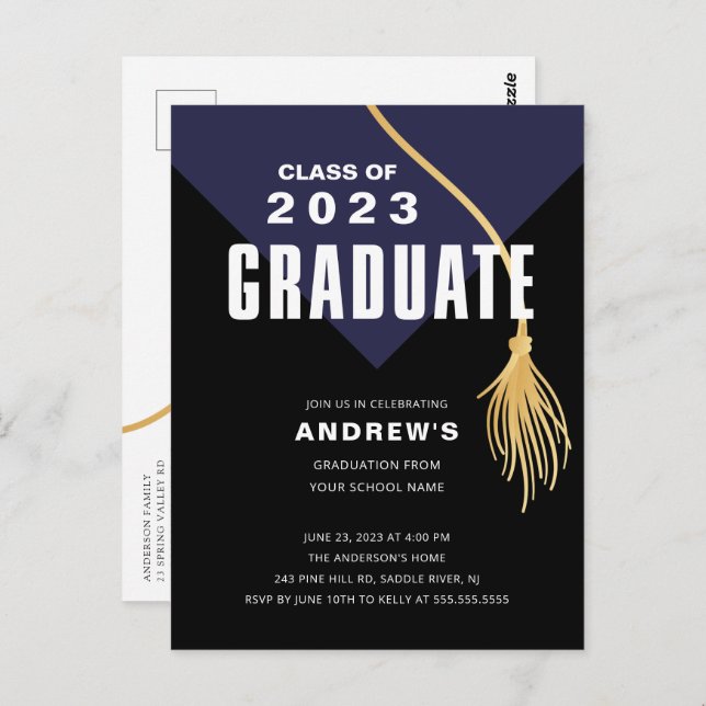Modern Bold Blue Grad Cap Graduation Postcard (Front/Back)