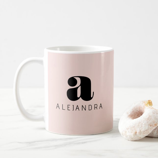 Modern Bold Blush Pink Monogram Name Coffee Mug (With Donut)