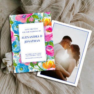 Modern Bold Bright Colourful Floral Photo Wedding Save The Date